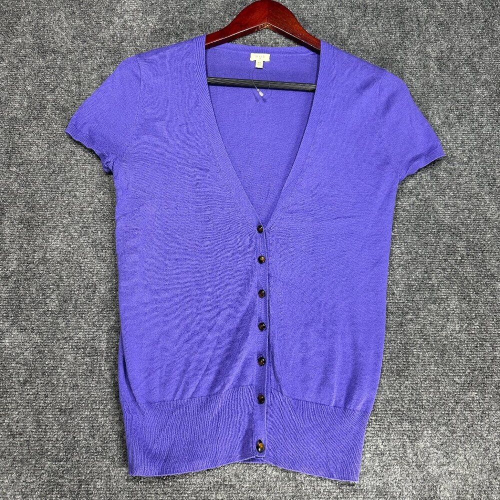 J Crew Sweater Womens XS Purple Cotton Cardigan Cap Sleeve Button Up V-Neck